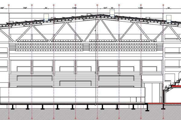 Section through the ice rink with the half-timbered structure and the wooden grandstand