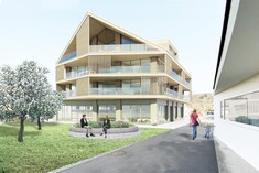 Timber building with wide cantilever balconies